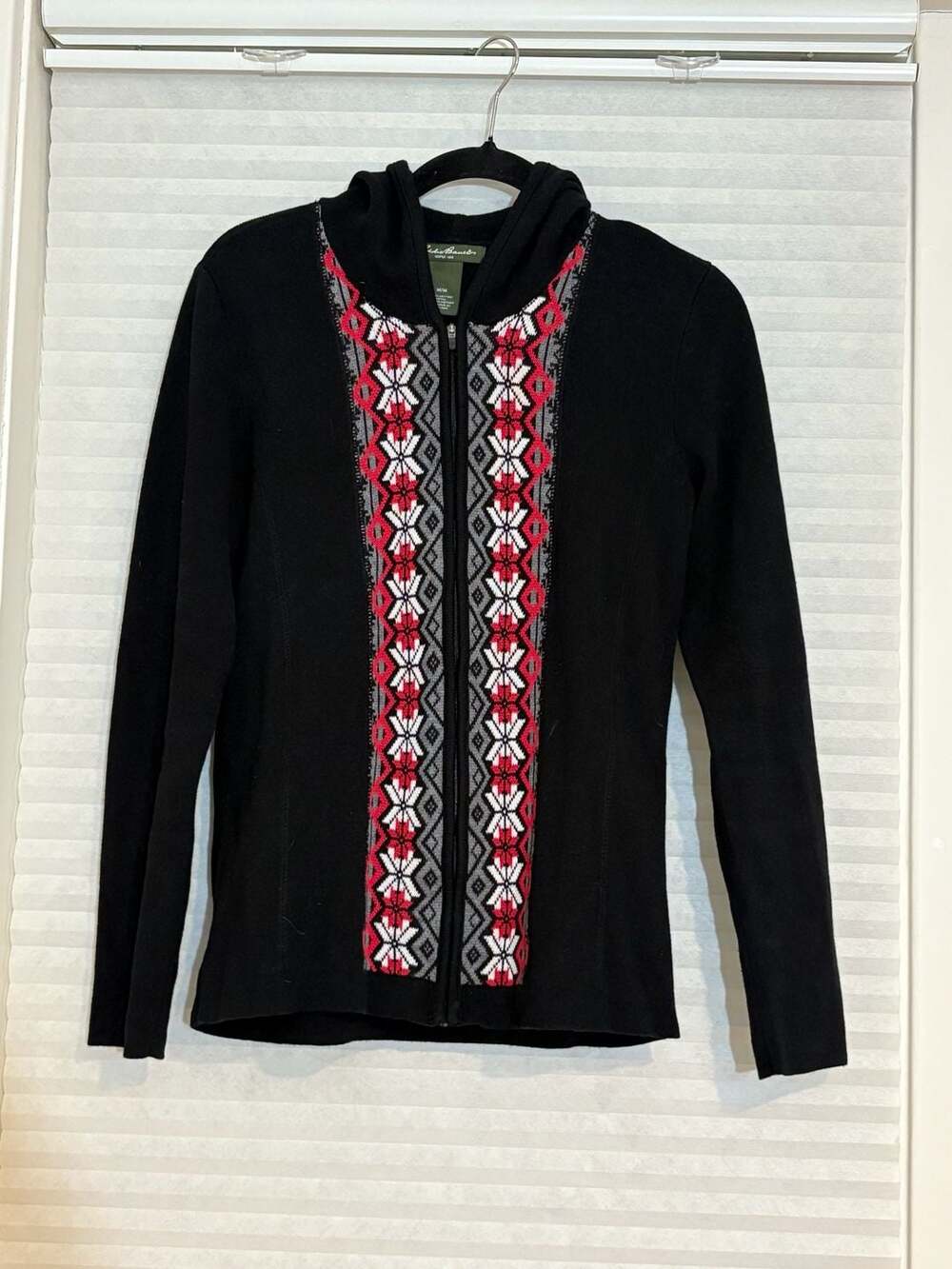 Eddie Bauer Zip Hoodie Size M Black Fair Isle Cotton Sweater Jacket